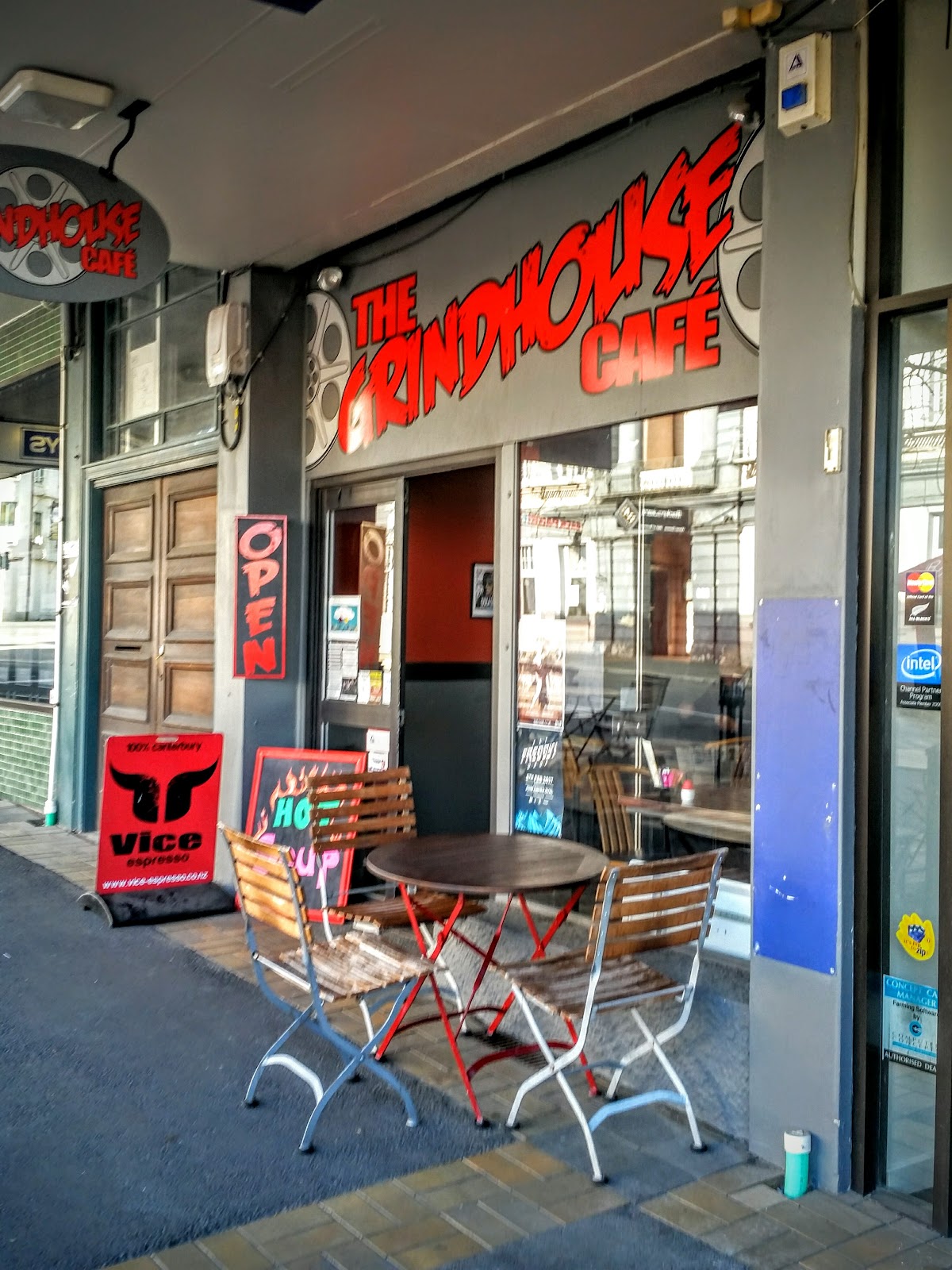 The Grindhouse Cafe shopfront with Vice Espresso and hot soup signs